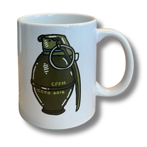 White mug with a green grenade on. CCCO 2016 on the grenade