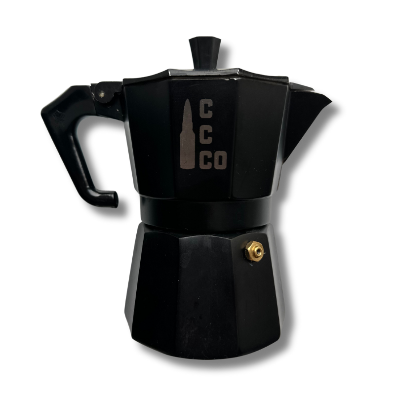 Black stove pot coffee maker with engraved Contact Coffee logo