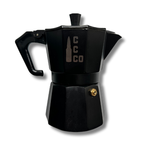 Black stove pot coffee maker with engraved Contact Coffee logo